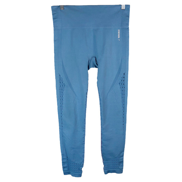 GymShark Small Leggings Energy Seamless Cropped Blue Stone Eyelet High Waist 567 - Picture 1 of 8